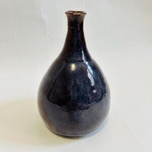 Art Pottery Purple Brown Drip Glaze Bud Neck Vase Bulbous Form Signed 7.5"